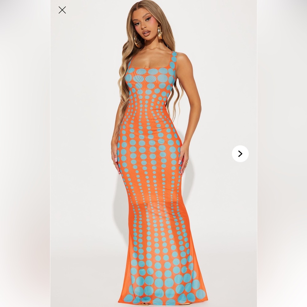 Orange and Blue Polka Dot Mesh Maxi Dress